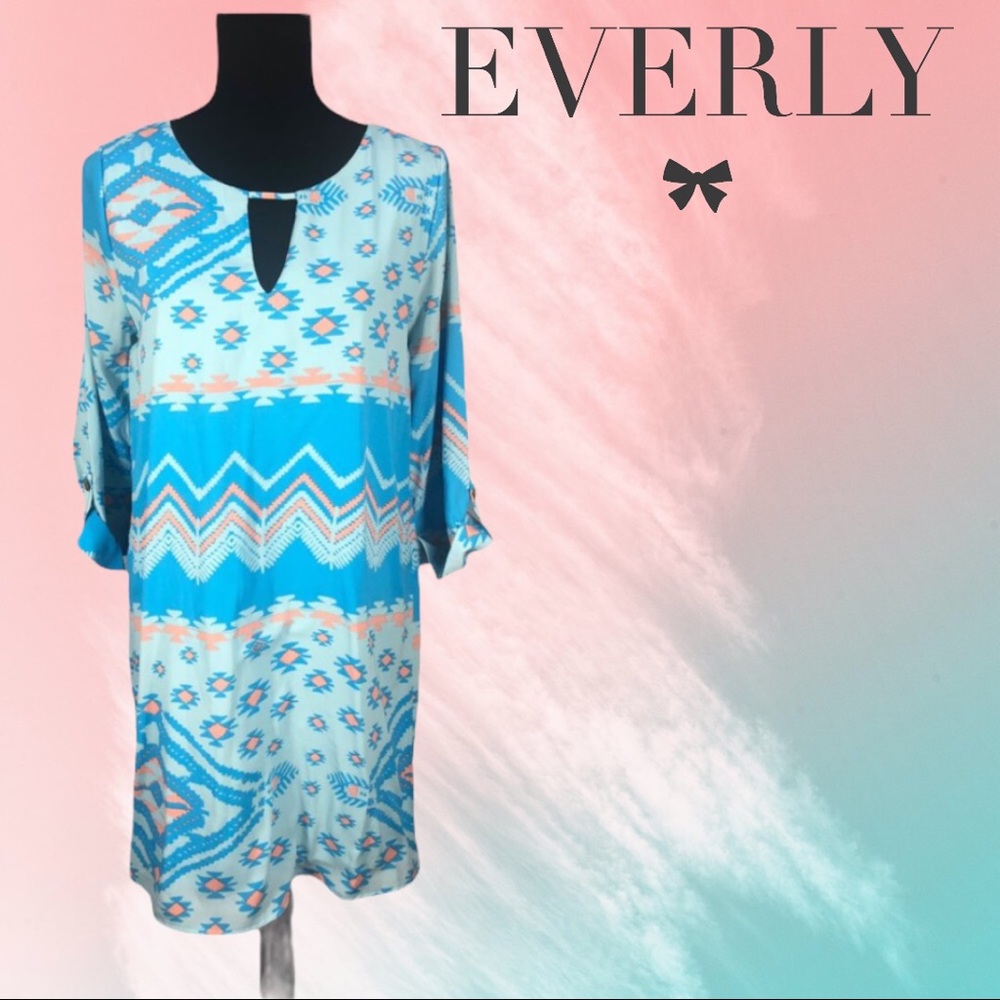 Blue Everly Aztec Shift Sheath Mini Dress Med.